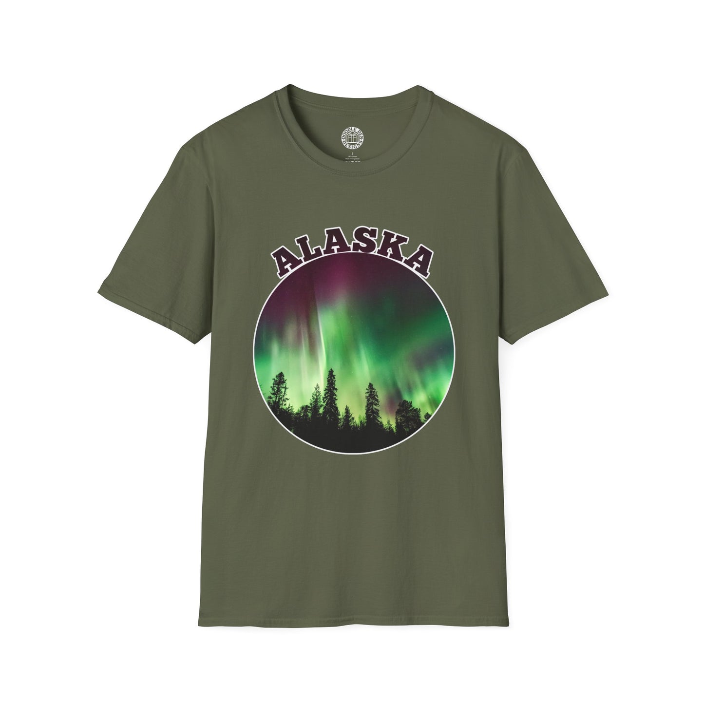 Green t-shirt with 'Alaska' and Northern Lights design on a white background