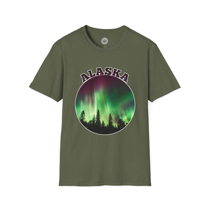 Green t-shirt with 'Alaska' and Northern Lights design on a white background