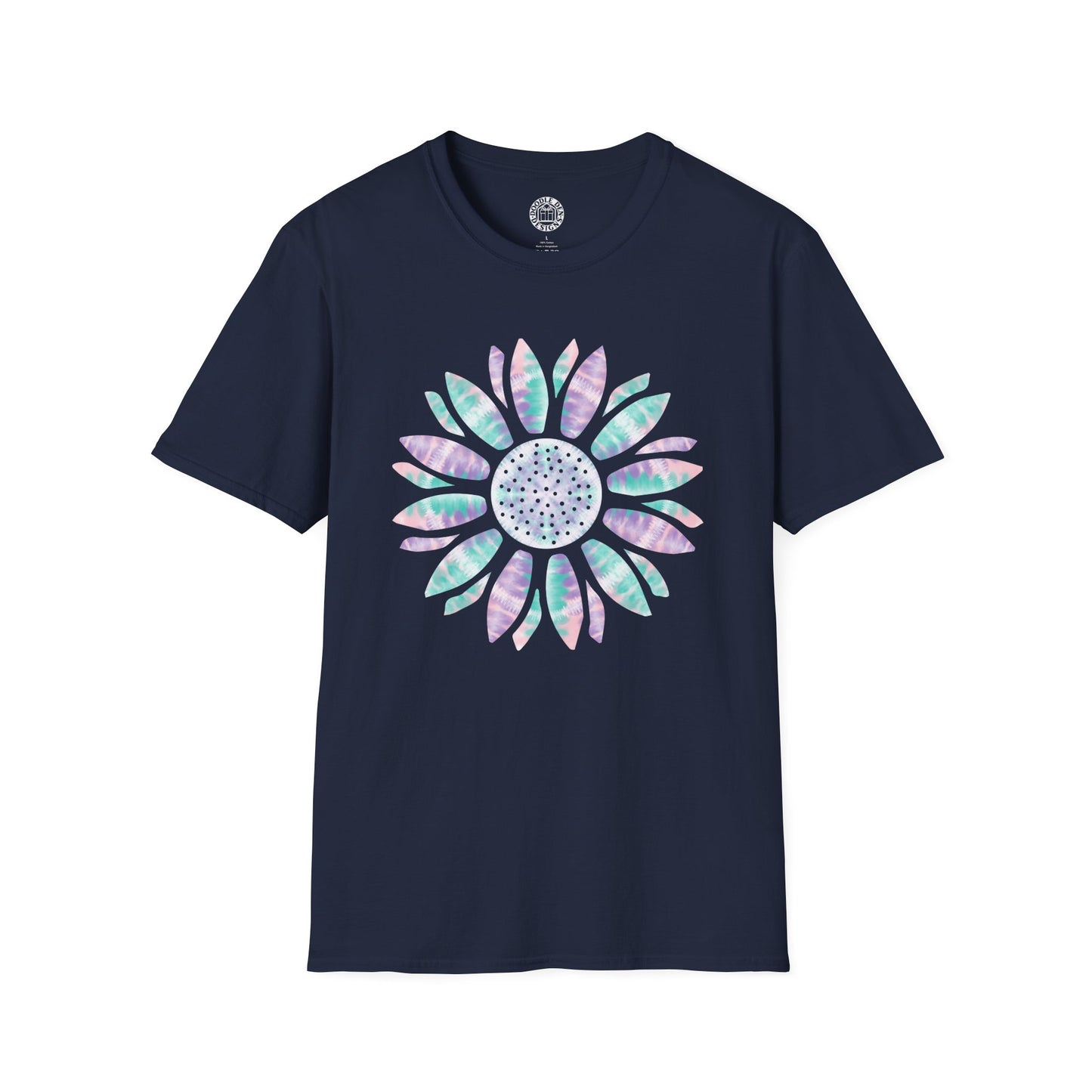 Navy blue t-shirt with a colorful flower sunflower design on a white background