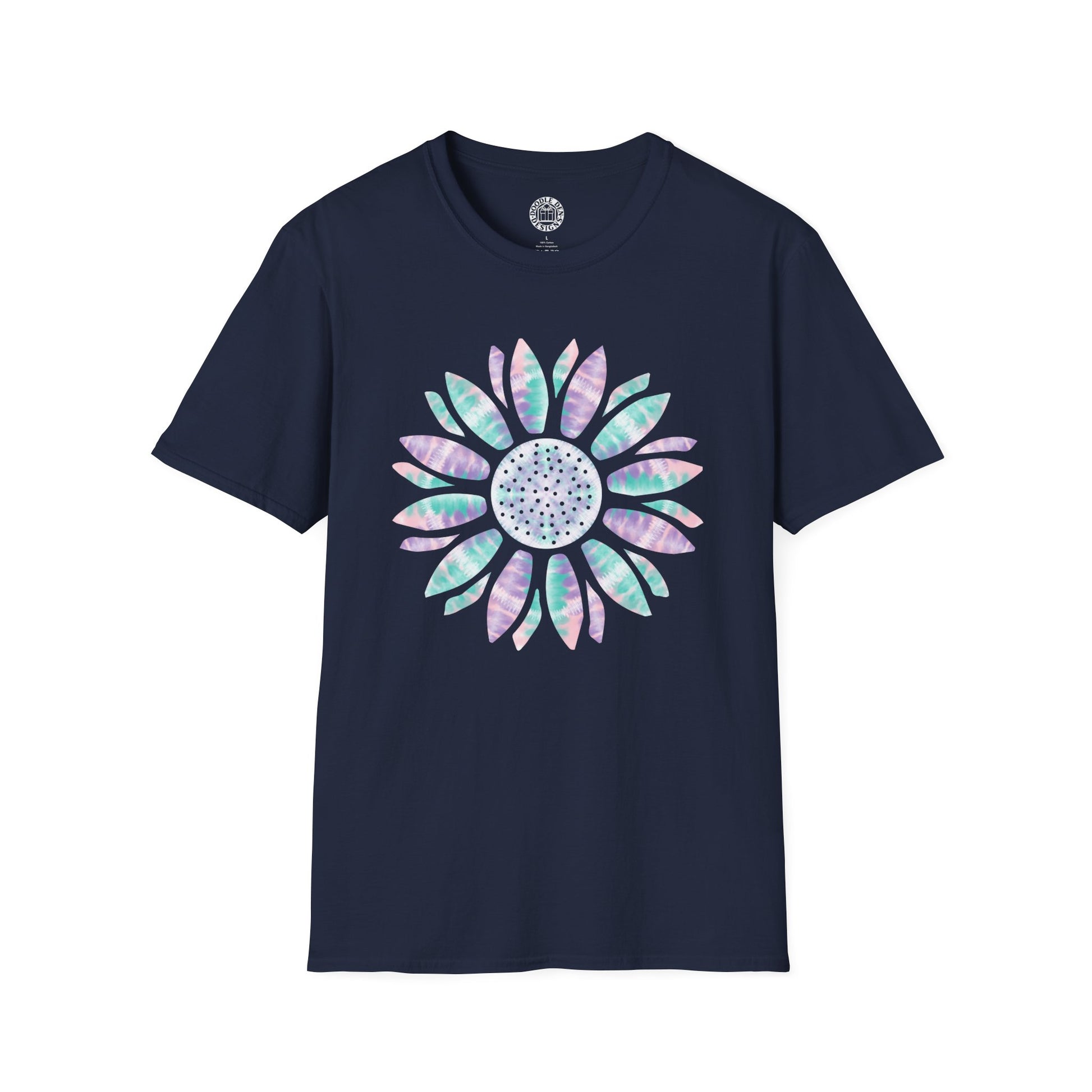 Navy blue t-shirt with a colorful flower sunflower design on a white background
