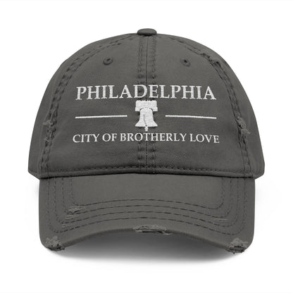Gray cap with 'Philadelphia City of Brotherly Love' text on a white background