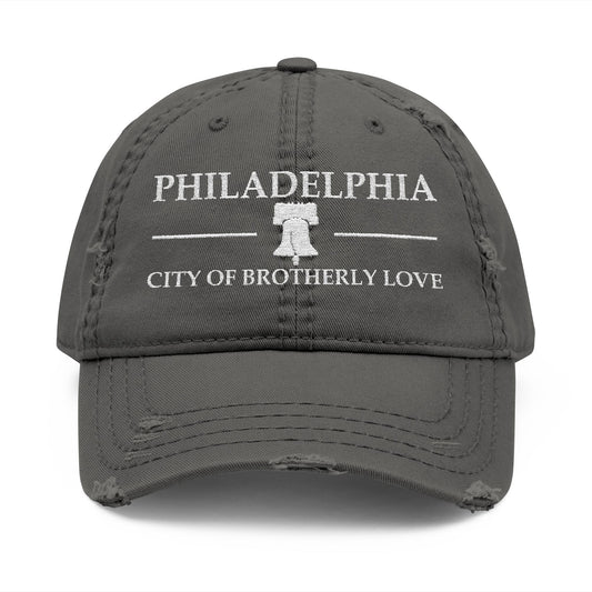 Gray cap with 'Philadelphia City of Brotherly Love' text on a white background