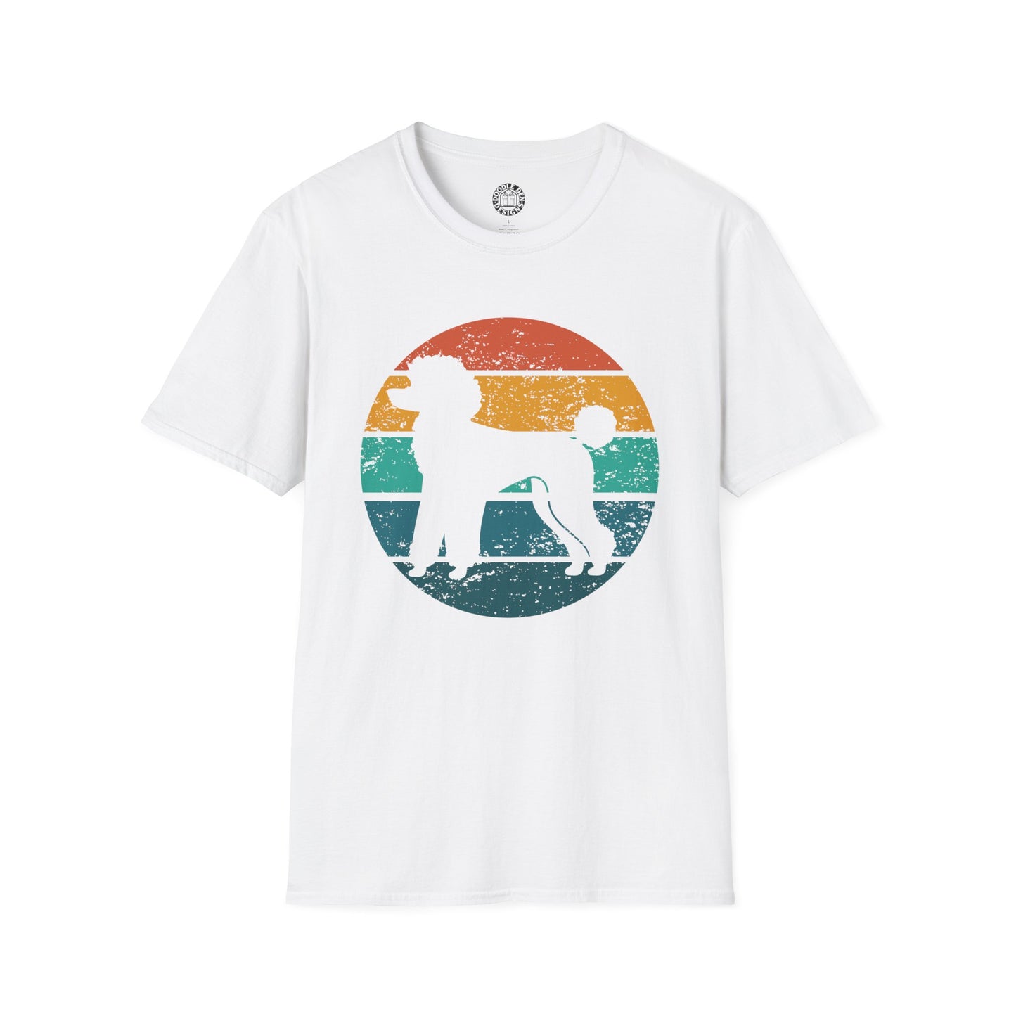 White t-shirt with a colorful graphic of poodle dog on a white background