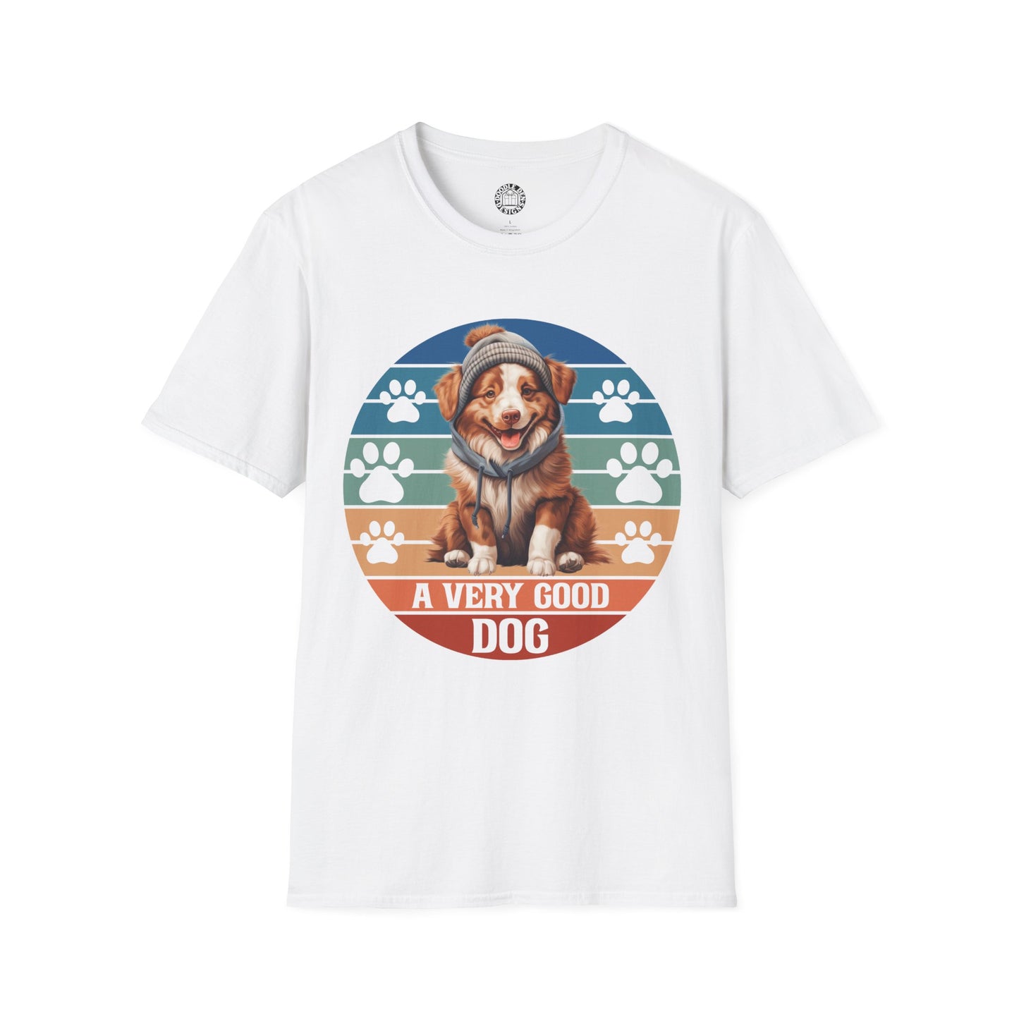White t-shirt with a Australian Shepherd dog graphic and 'A Very Good Dog' text on a white background