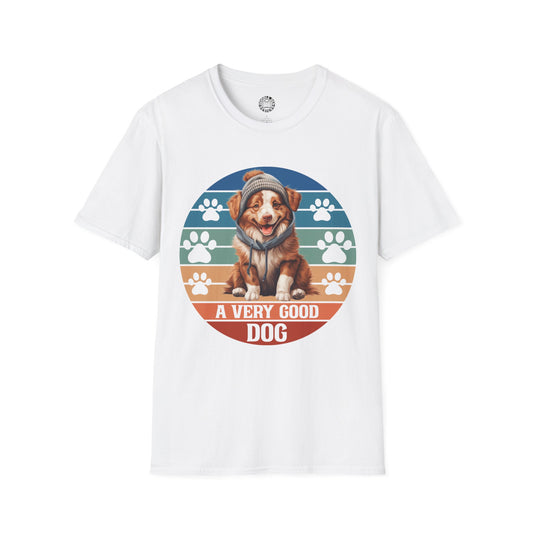 White t-shirt with a Australian Shepherd dog graphic and 'A Very Good Dog' text on a white background