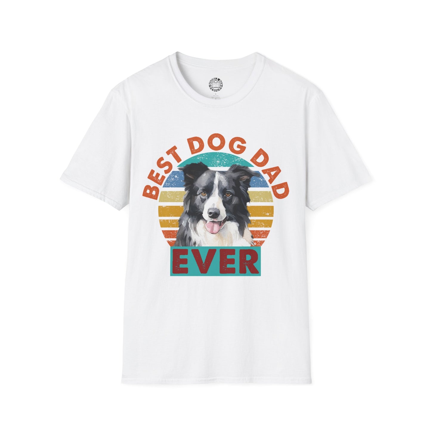White t-shirt with a border collie dog graphic and 'Best Dog Dad Ever' text on a white background