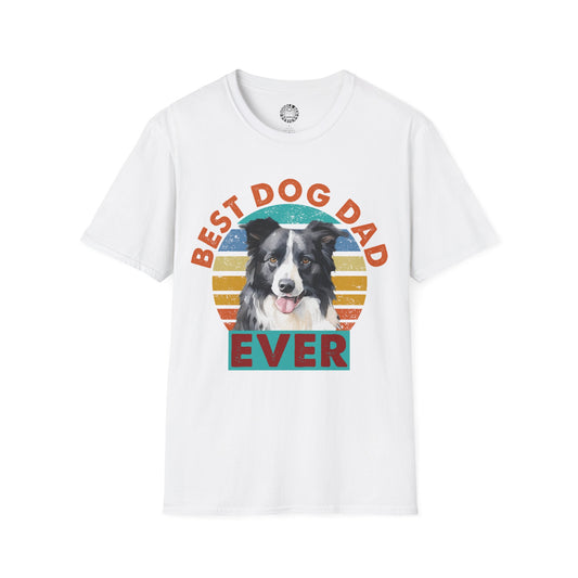 White t-shirt with a border collie dog graphic and 'Best Dog Dad Ever' text on a white background