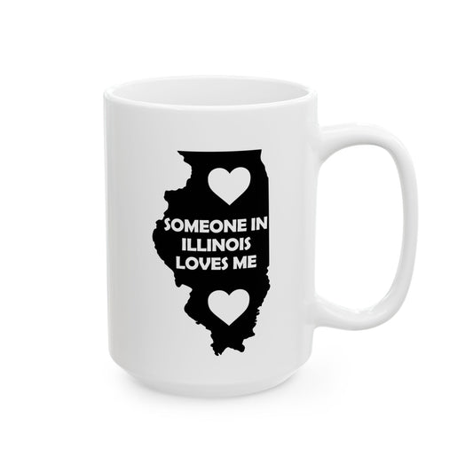 White mug with black silhouette of Illinois and text 'Someone in Illinois loves me' on a white background