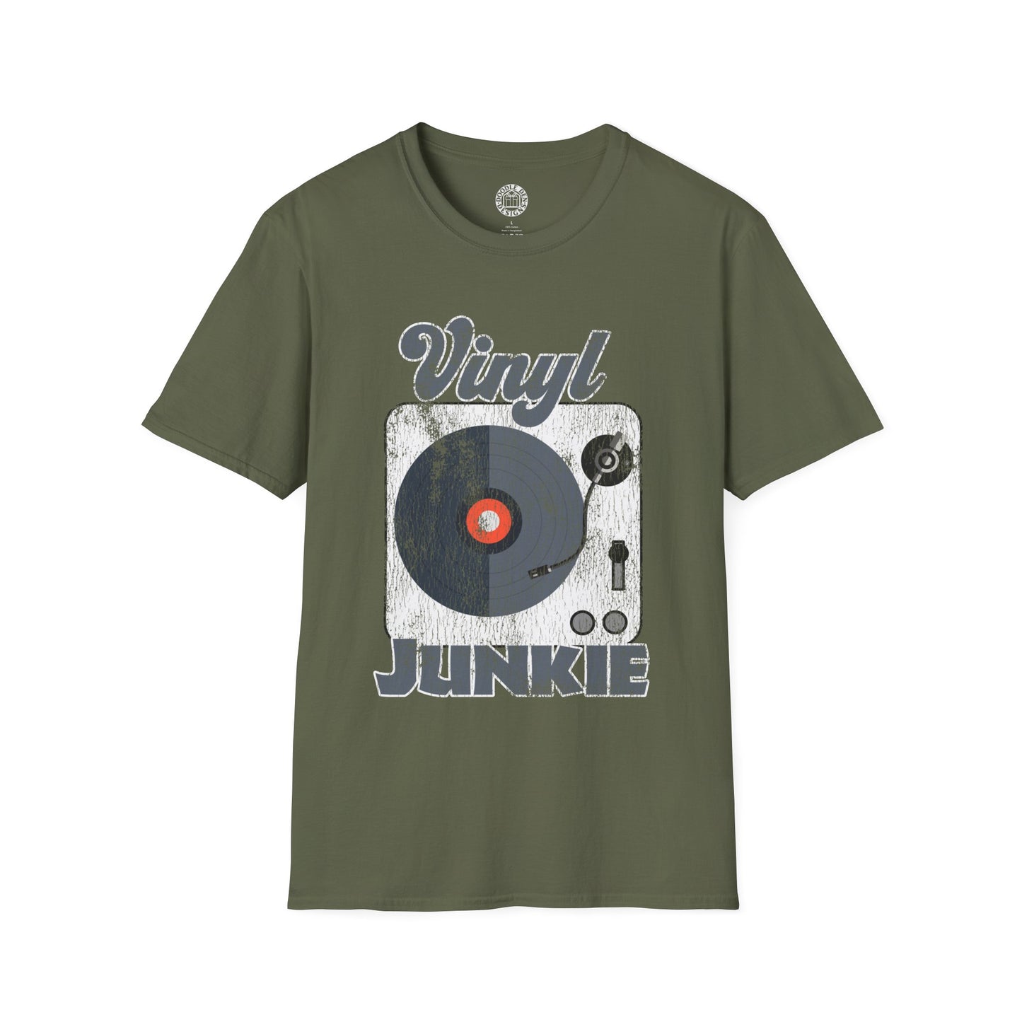 Green t-shirt with vinyl record design and 'Vinyl Junkie' text on a white background