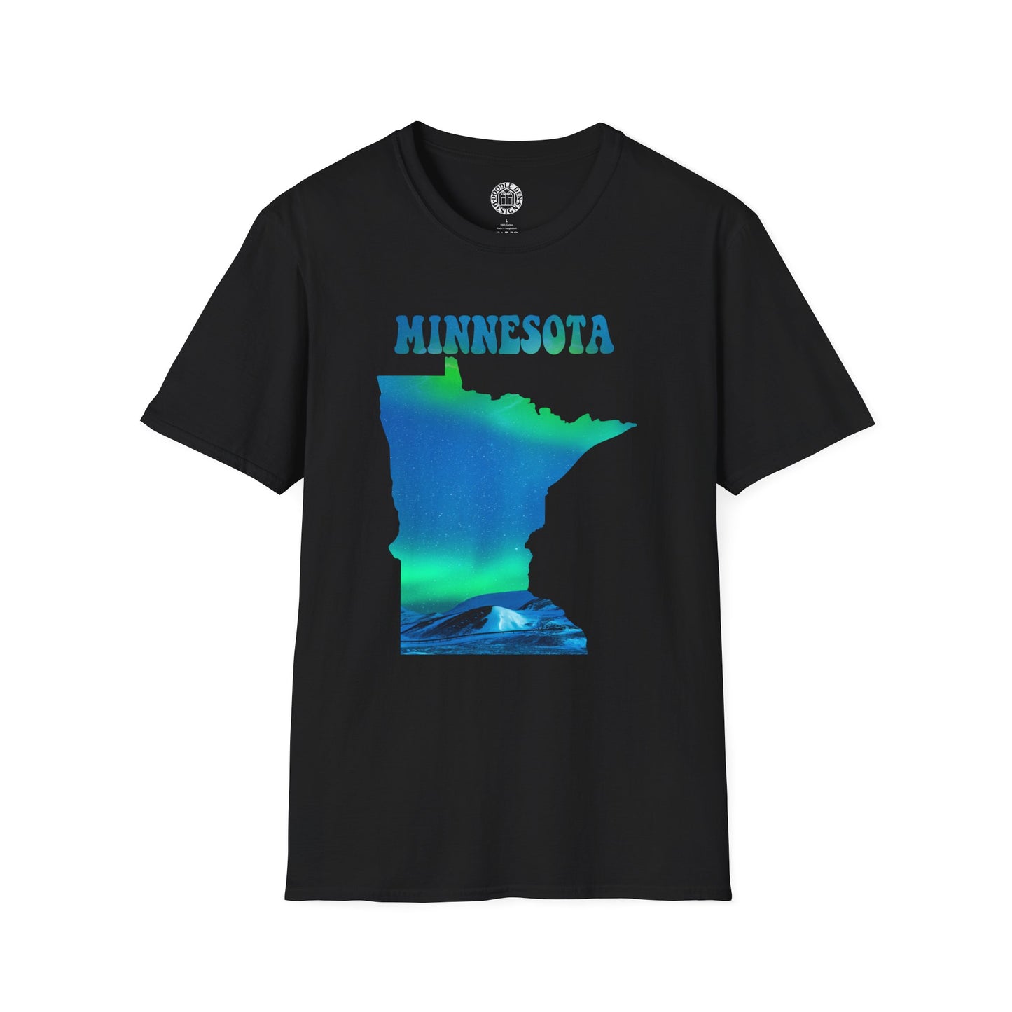 Black t-shirt with Minnesota map graphic and 'MINNESOTA' text on a white background northern lights aurora borealis