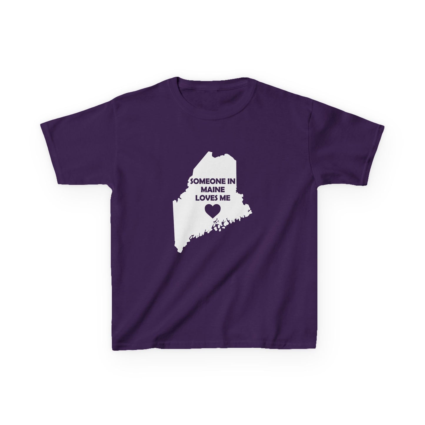 Purple t-shirt with a white map of Maine and text 'Someone in Maine loves me' on a white background