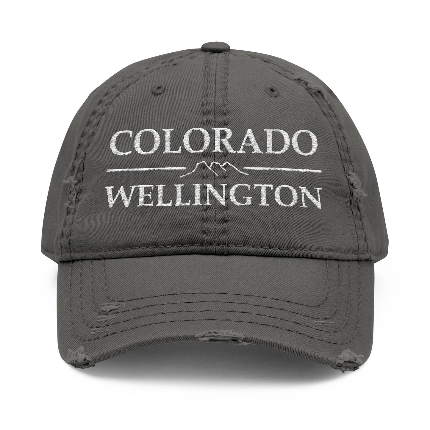 Gray cap with 'Colorado Wellington' text  embroidered in white thread