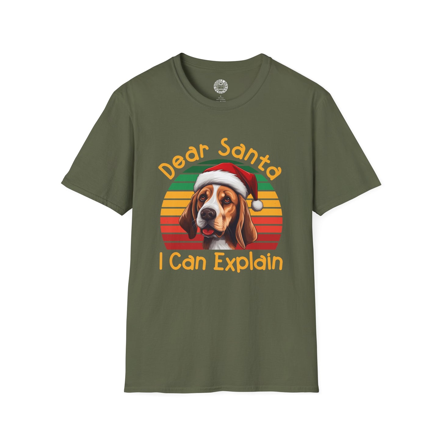 Green t-shirt with a beagle dog wearing a Santa hat and text 'Dear Santa I Can Explain' on a white background