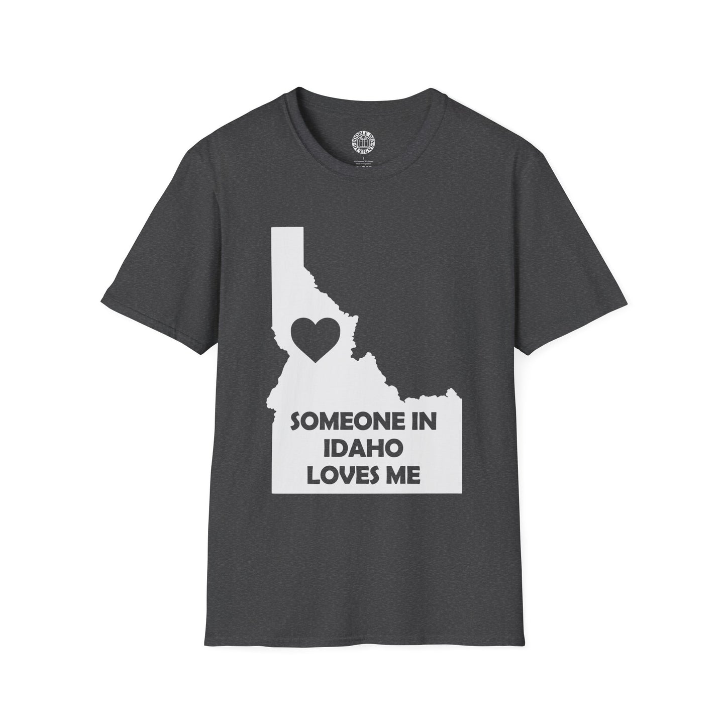 Gray t-shirt with Idaho map and heart design on a white background