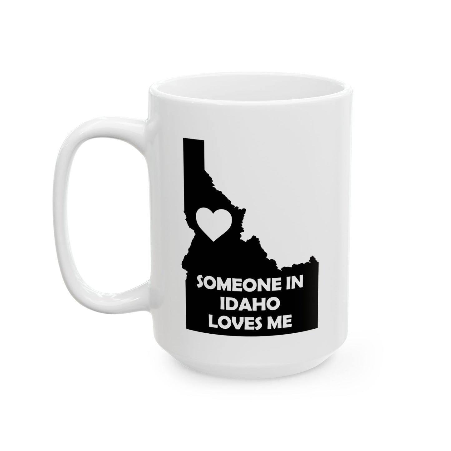White mug with black Idaho outline and heart design on a white background