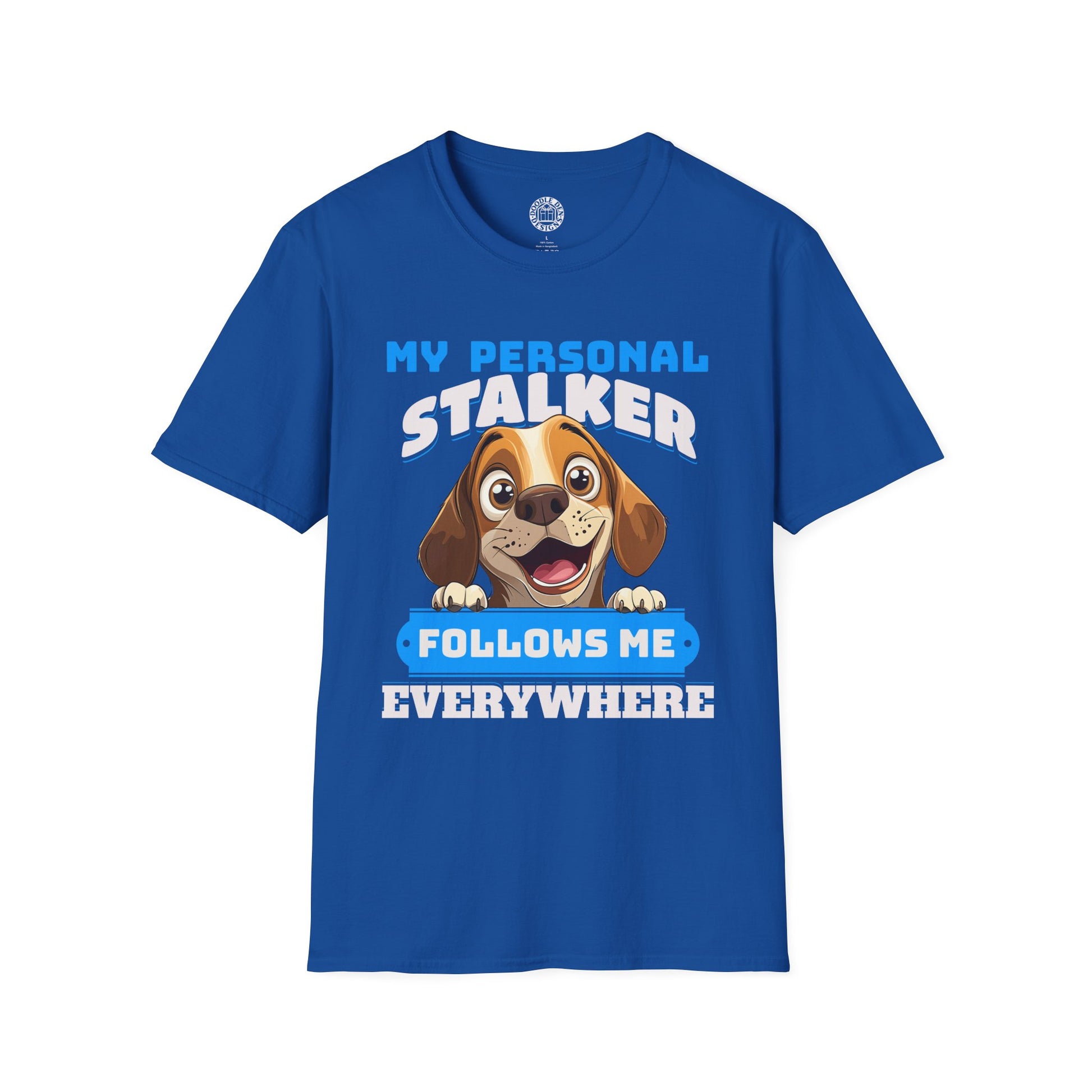 Blue t-shirt with a Beagle dog graphic and text on a white background