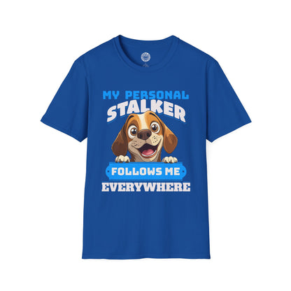 Blue t-shirt with a Beagle dog graphic and text on a white background