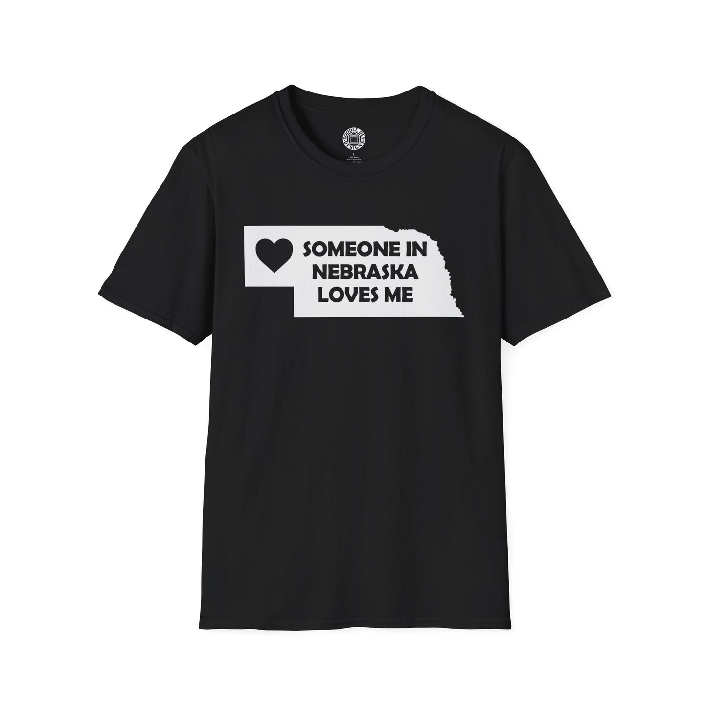 Black t-shirt with 'Someone in Nebraska loves me' text design on a white background