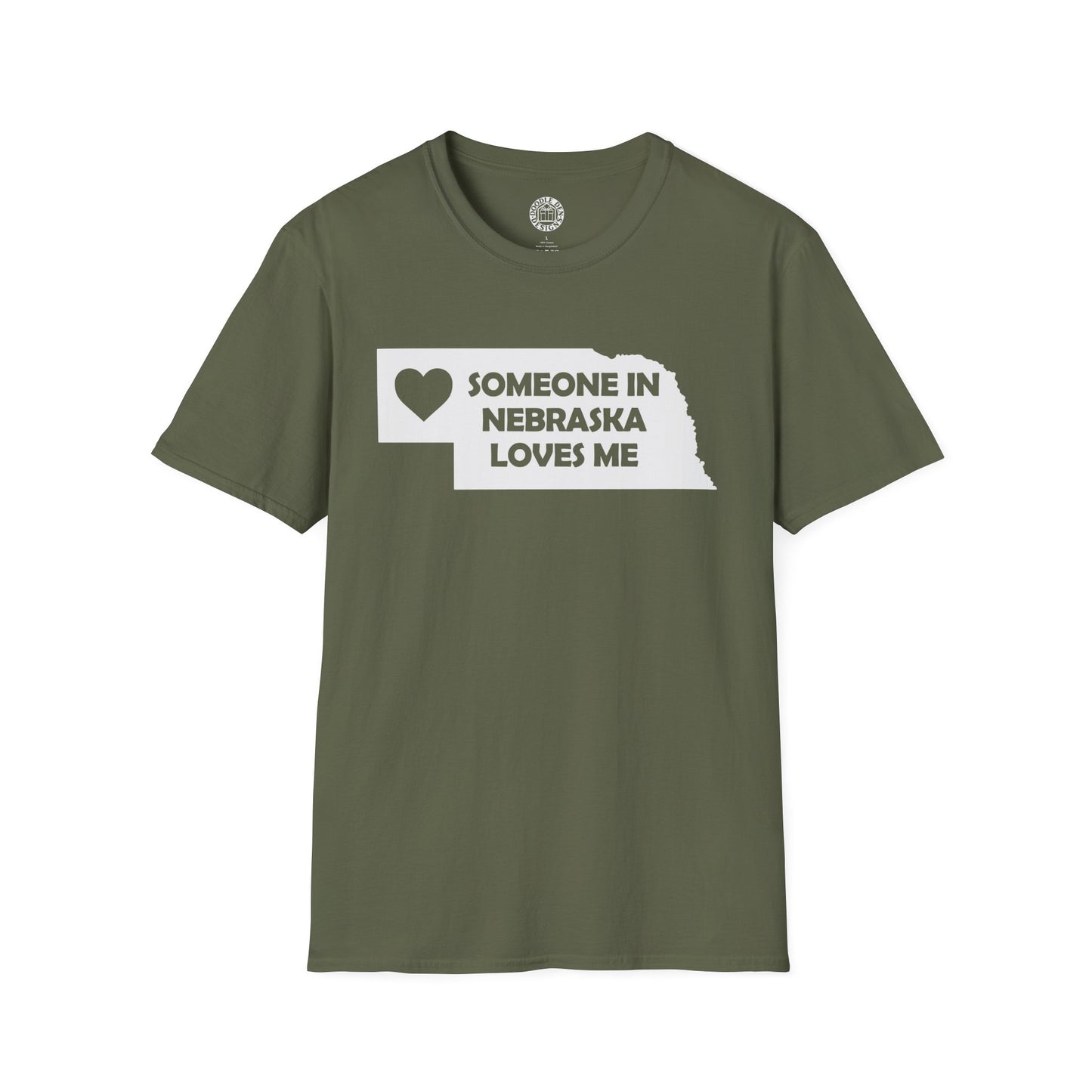 Green t-shirt with 'Someone in Nebraska loves me' text on a white background