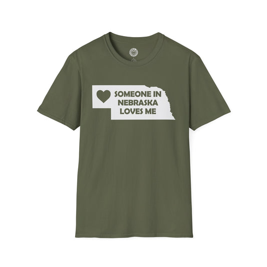 Green t-shirt with 'Someone in Nebraska loves me' text on a white background