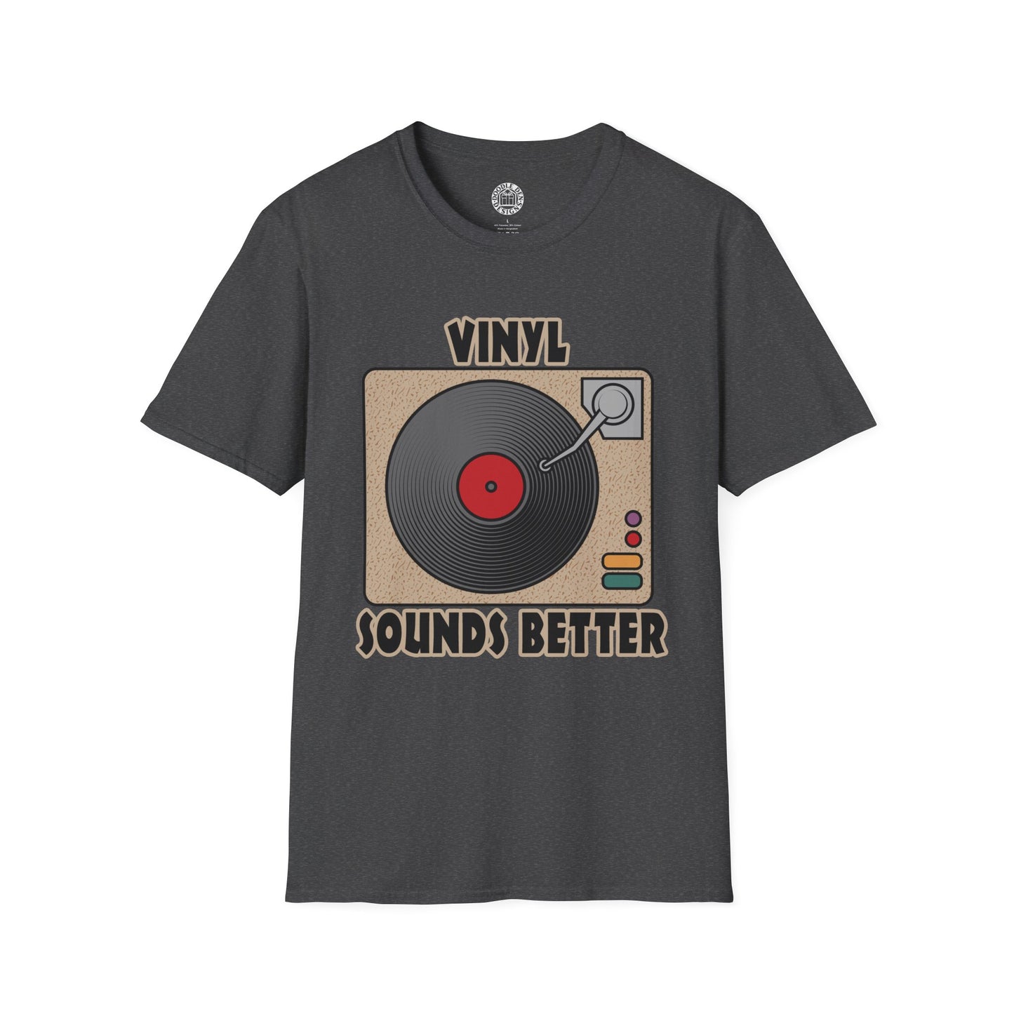 Gray t-shirt with vinyl record design and 'Vinyl Sounds Better' text on a white background
