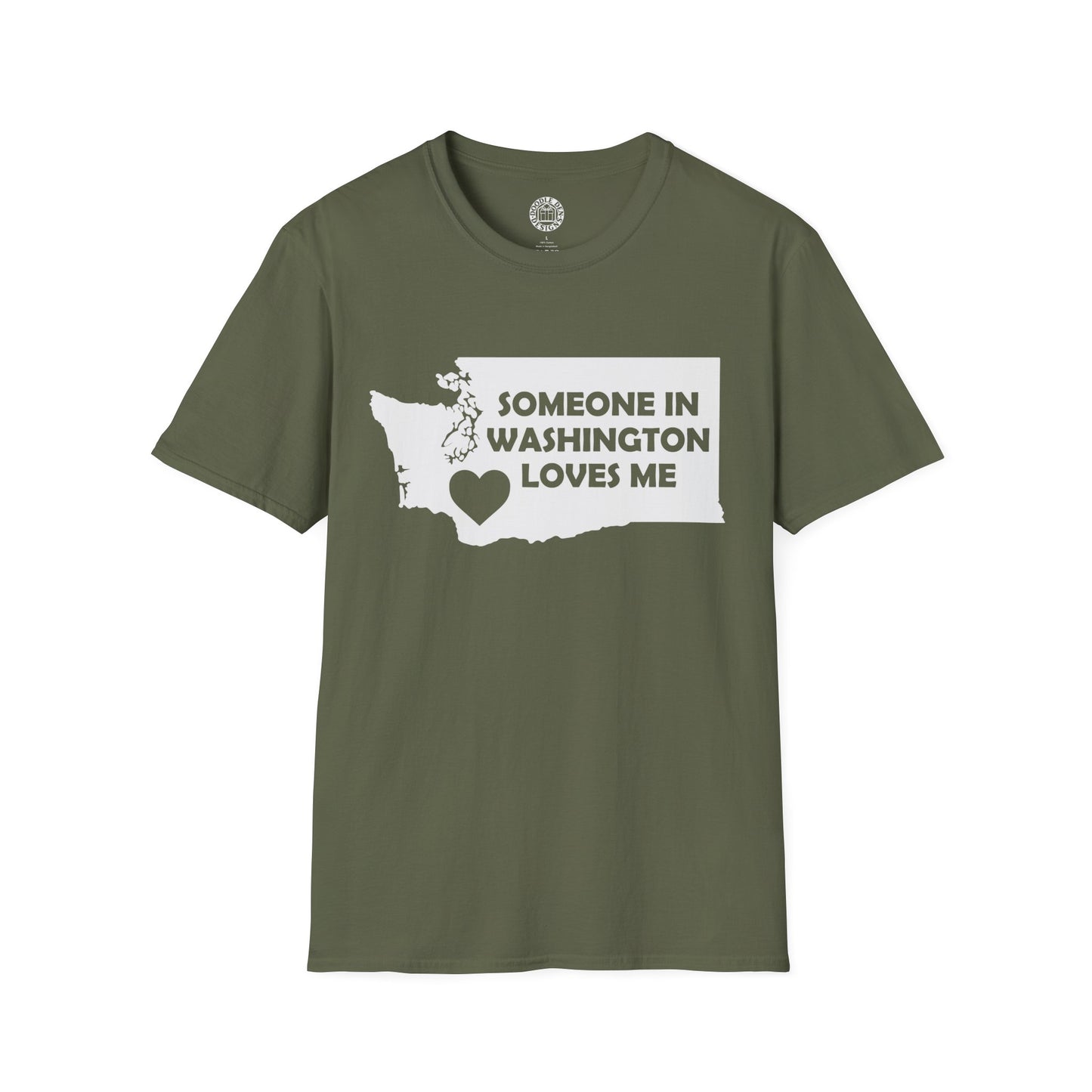 Green t-shirt with 'Someone in Washington Loves Me' design on a white background