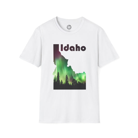 White t-shirt with Idaho graphic design featuring Northern Lights and trees on a white background