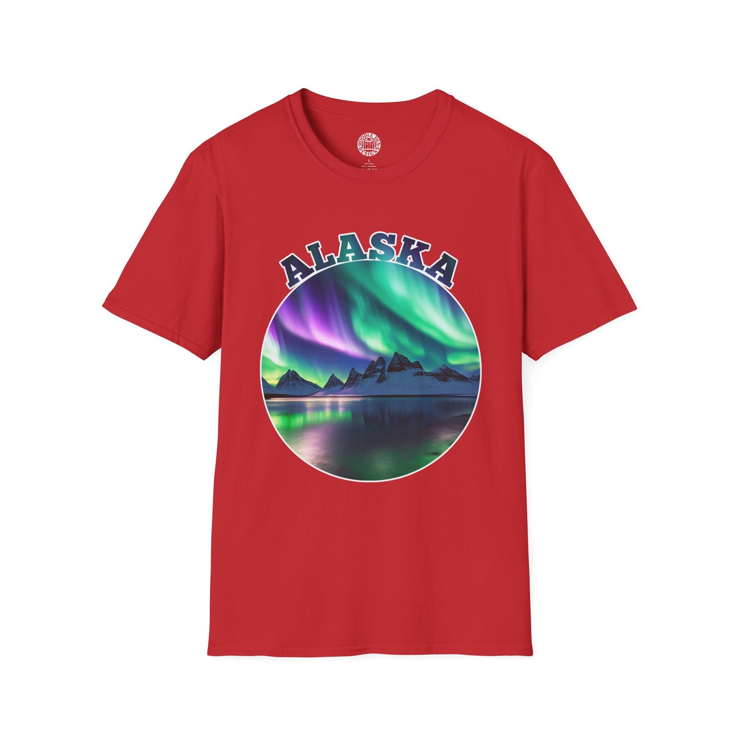 Red t-shirt with Alaska graphic design featuring Northern Lights over a lake on a white background