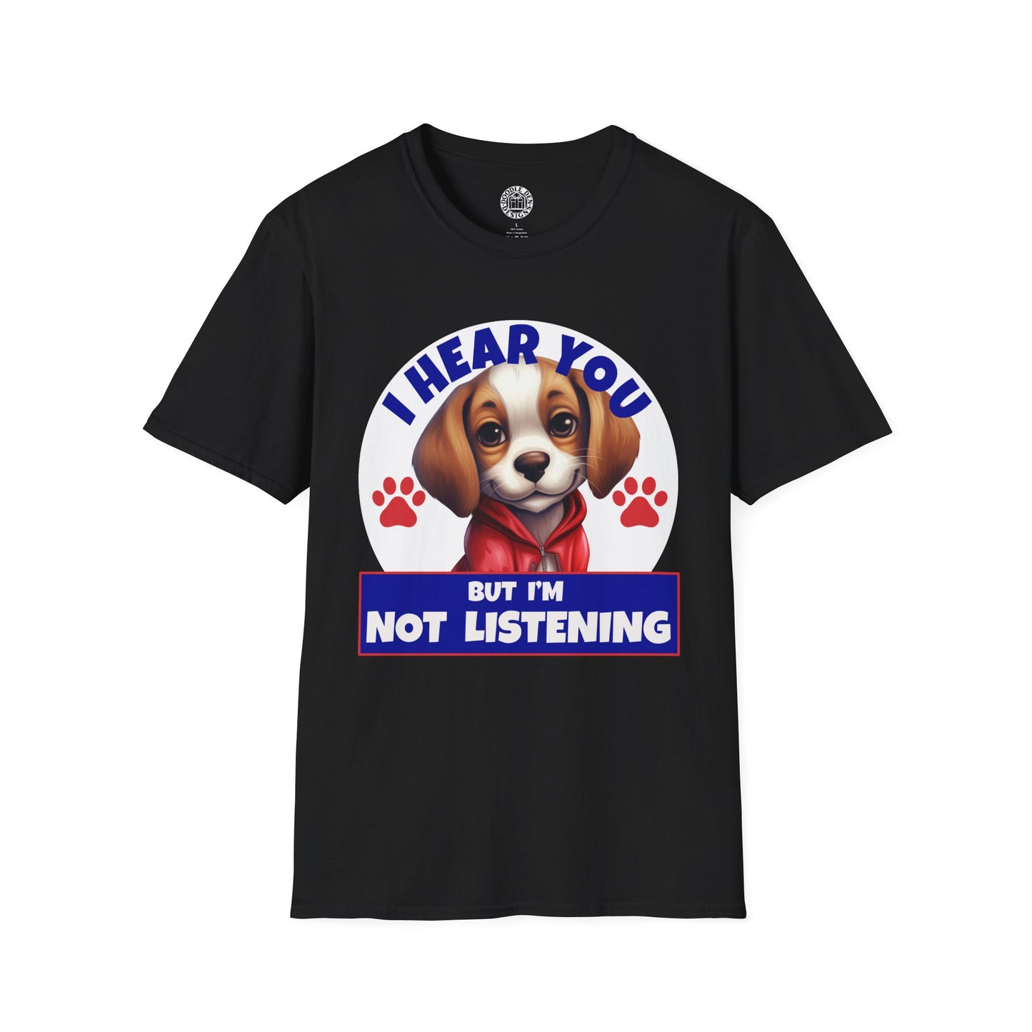 Black t-shirt with a Beagle dog graphic and text on a white background