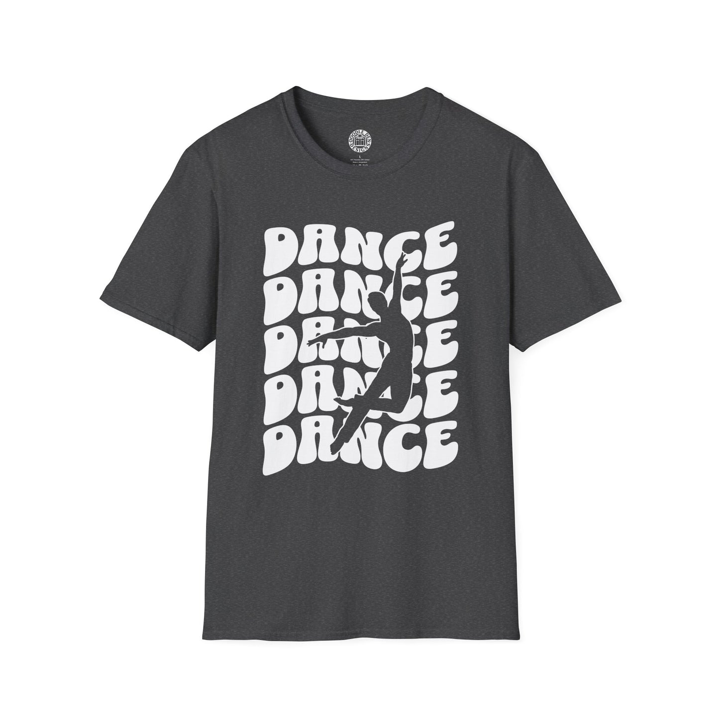 Black t-shirt with 'DANCE' text design on a white background