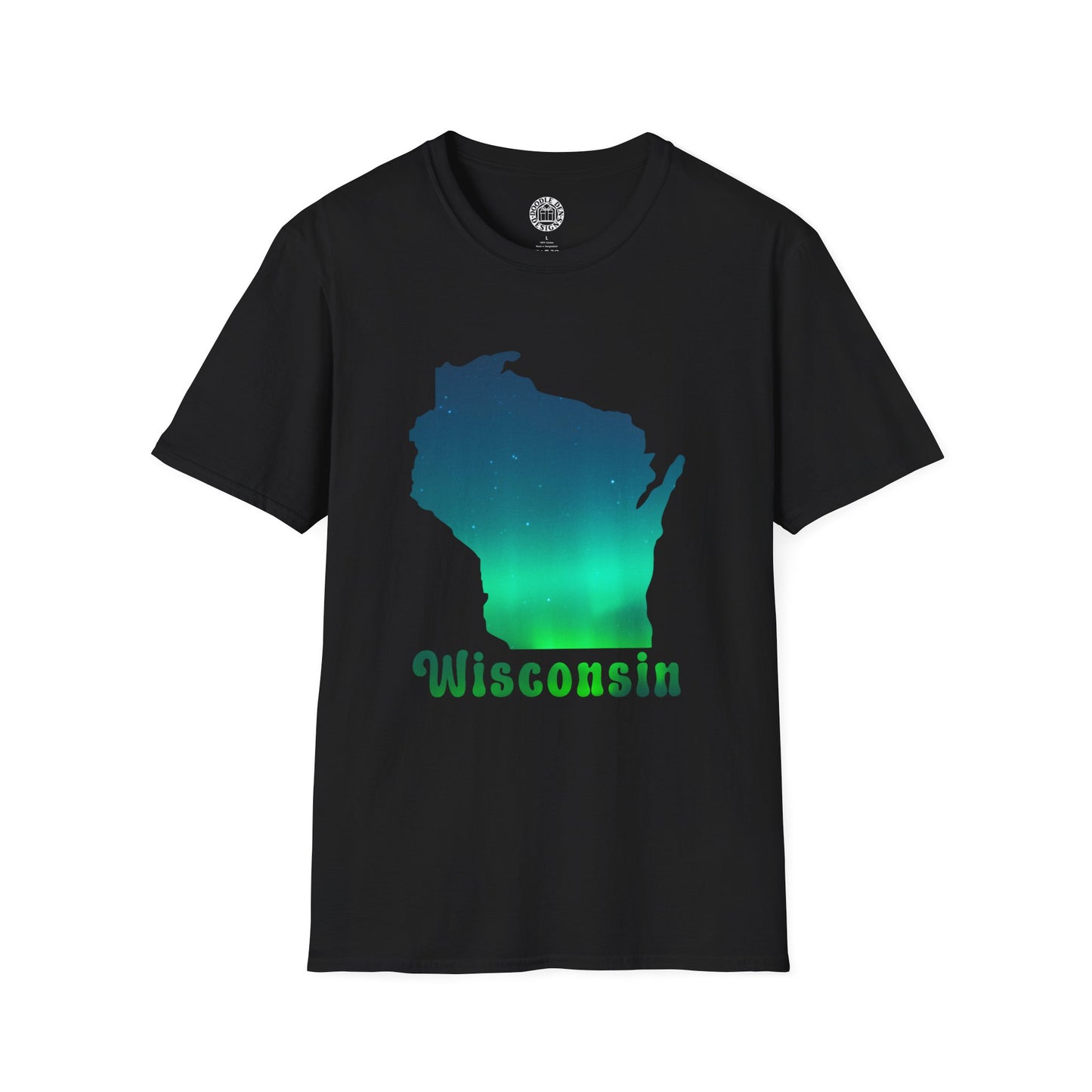 Black t-shirt with a green and blue 'Wisconsin' design on a white background