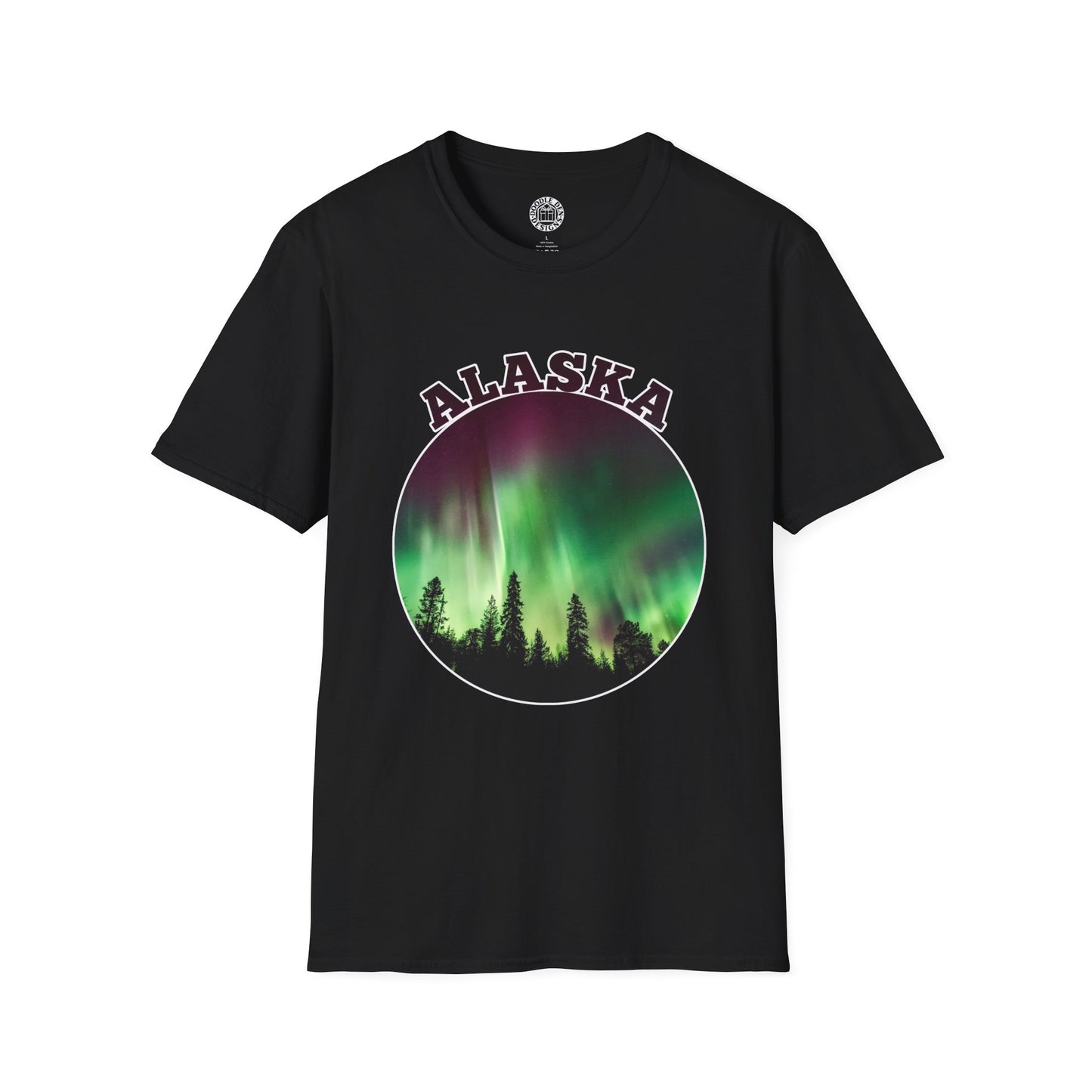 Black t-shirt with Alaska graphic design featuring Northern Lights and trees on a white background