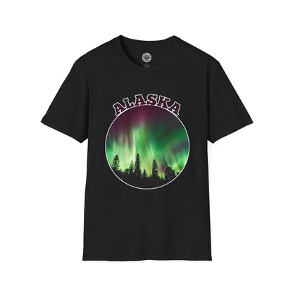 Black t-shirt with Alaska graphic design featuring Northern Lights and trees on a white background