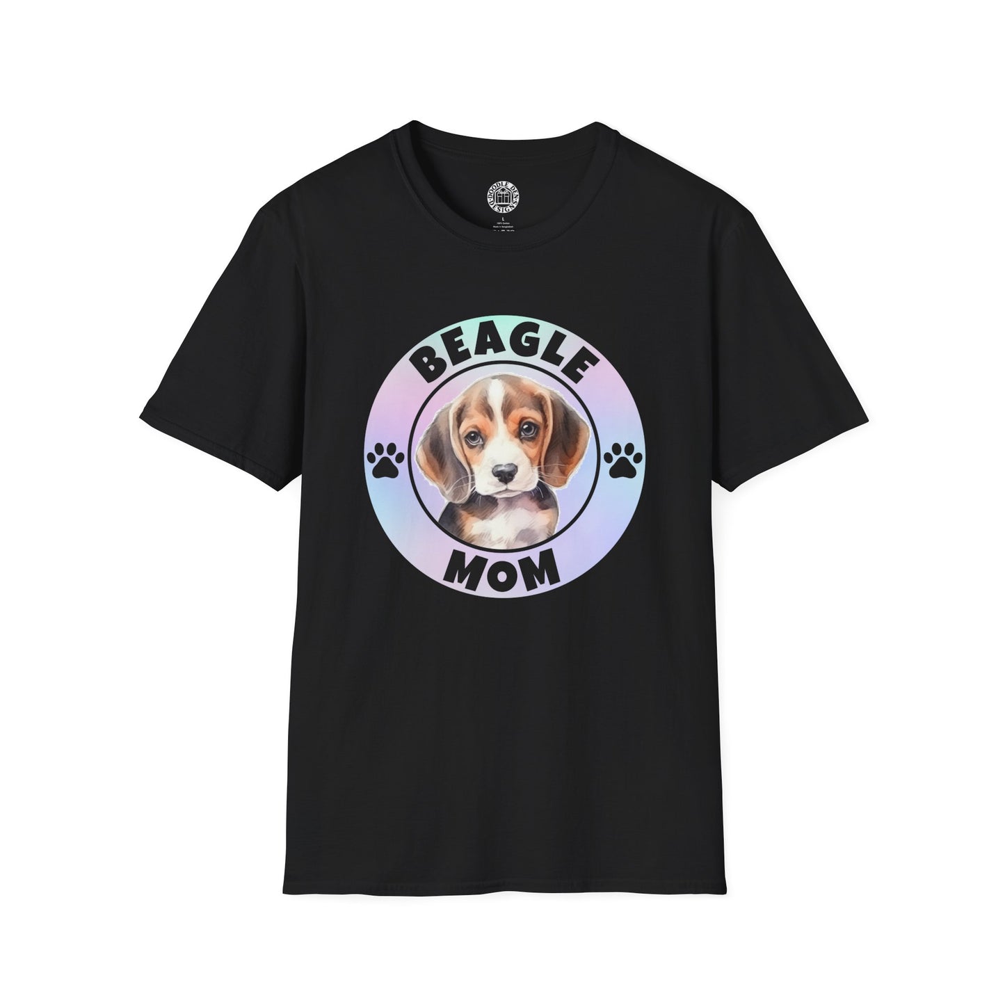 Black t-shirt with a beagle graphic and 'Beagle Mom' text on a white background