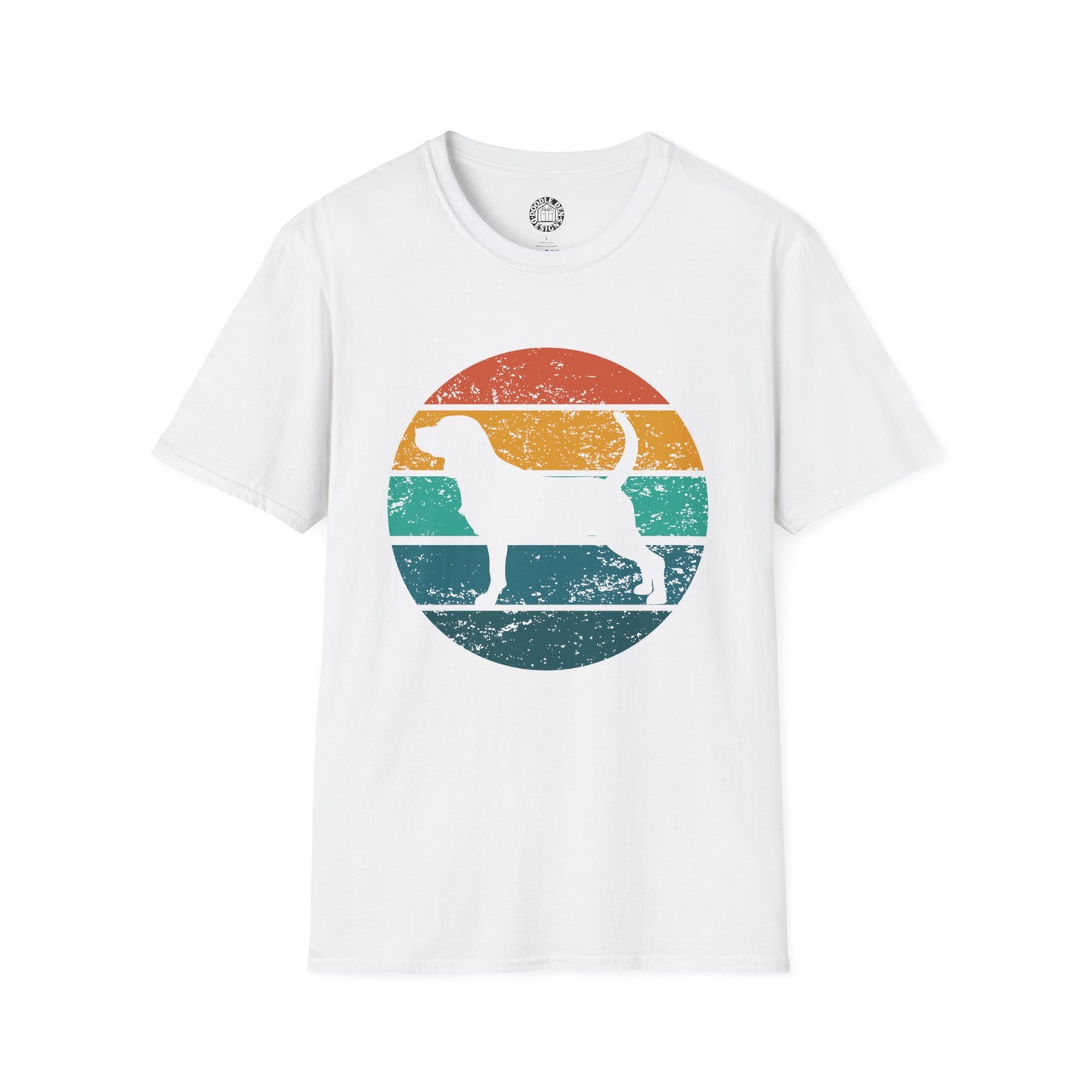 White t-shirt with a colorful beagle silhouette graphic on a white background