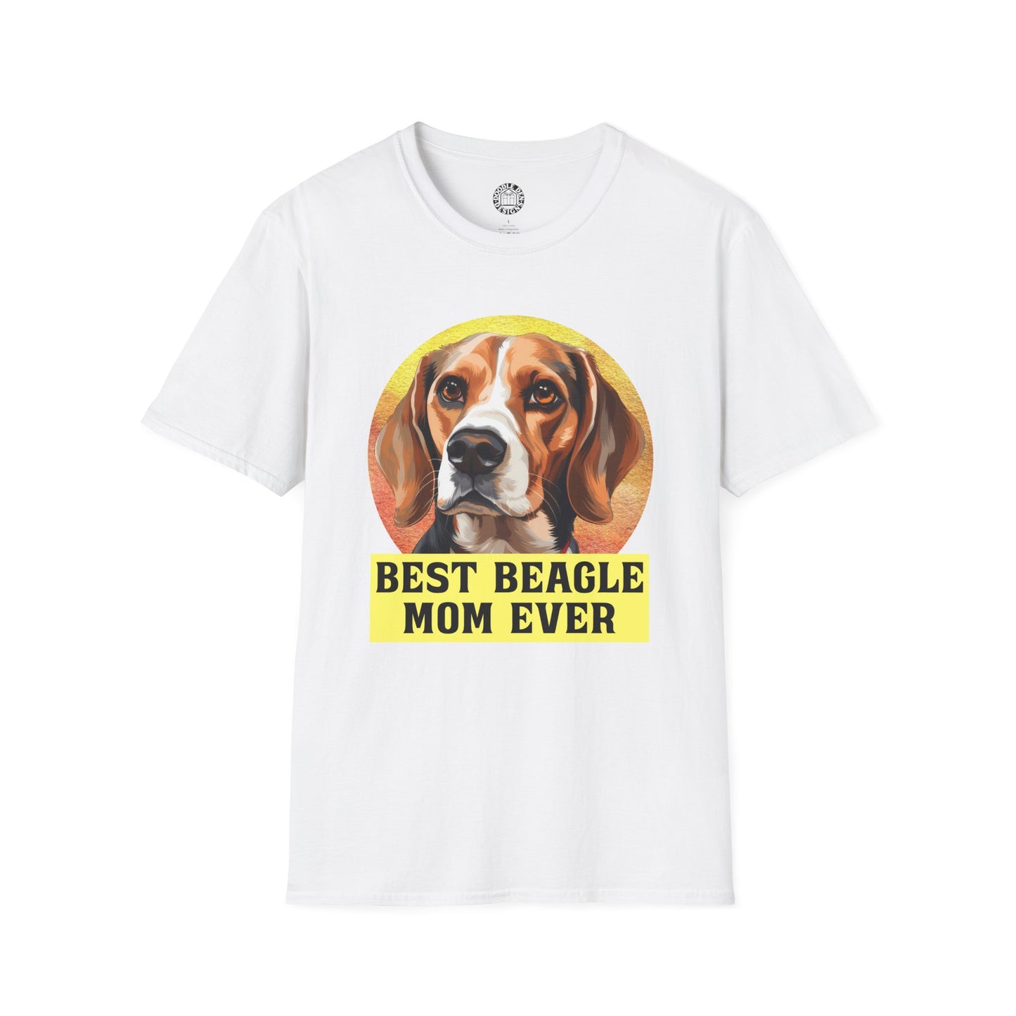 White t-shirt with a beagle graphic and text on a white background