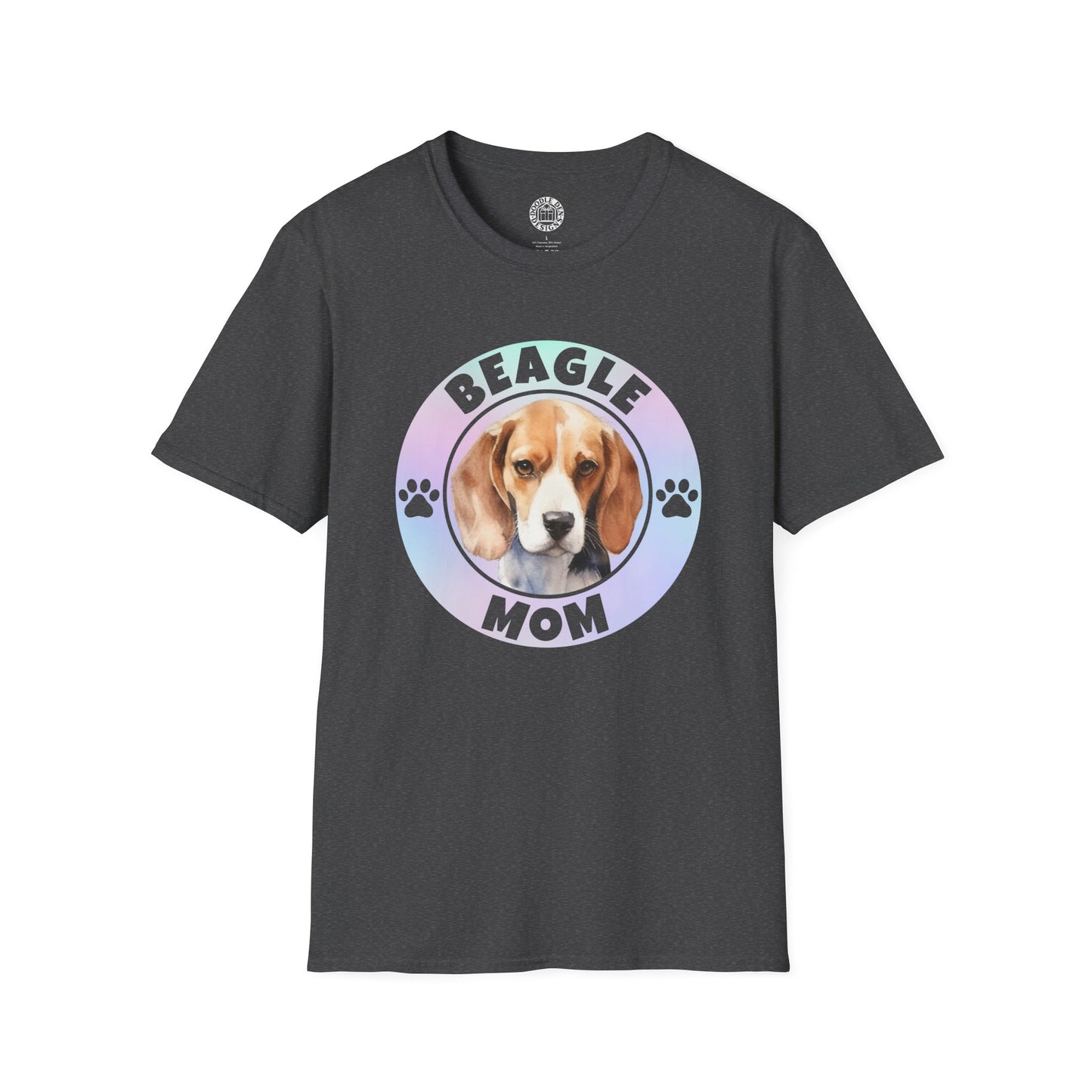 Black t-shirt with a beagle graphic and 'Beagle Mom' text on a white background