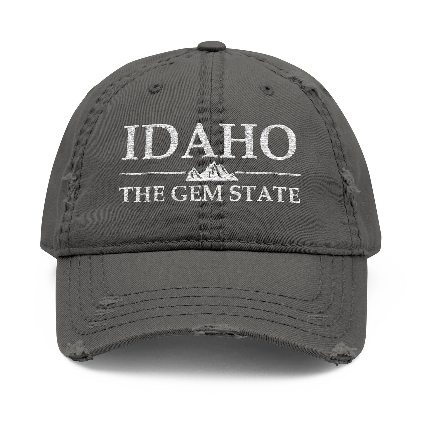 Gray cap with 'Idaho The Gem State' text  embroidered in white thread