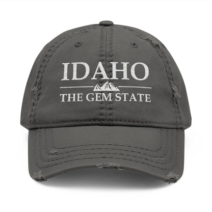 Gray cap with 'Idaho The Gem State' text  embroidered in white thread