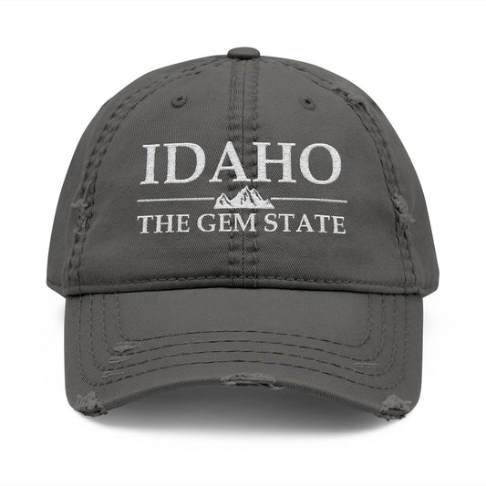 Gray cap with 'Idaho The Gem State' text  embroidered in white thread