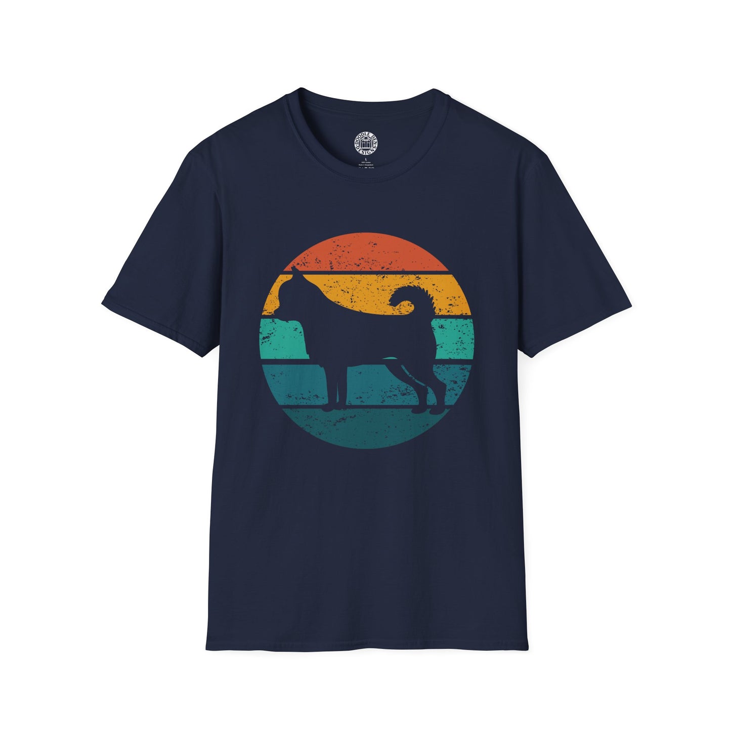 Navy blue t-shirt with a colorful graphic of a chihuahua dog silhouette on a white background