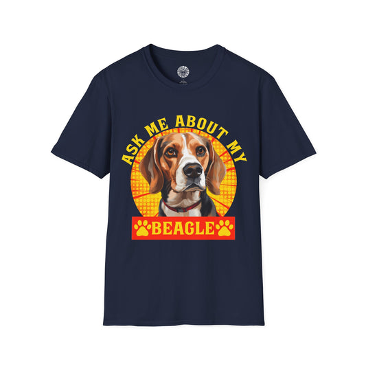 Navy blue t-shirt with a beagle graphic and text on a white background