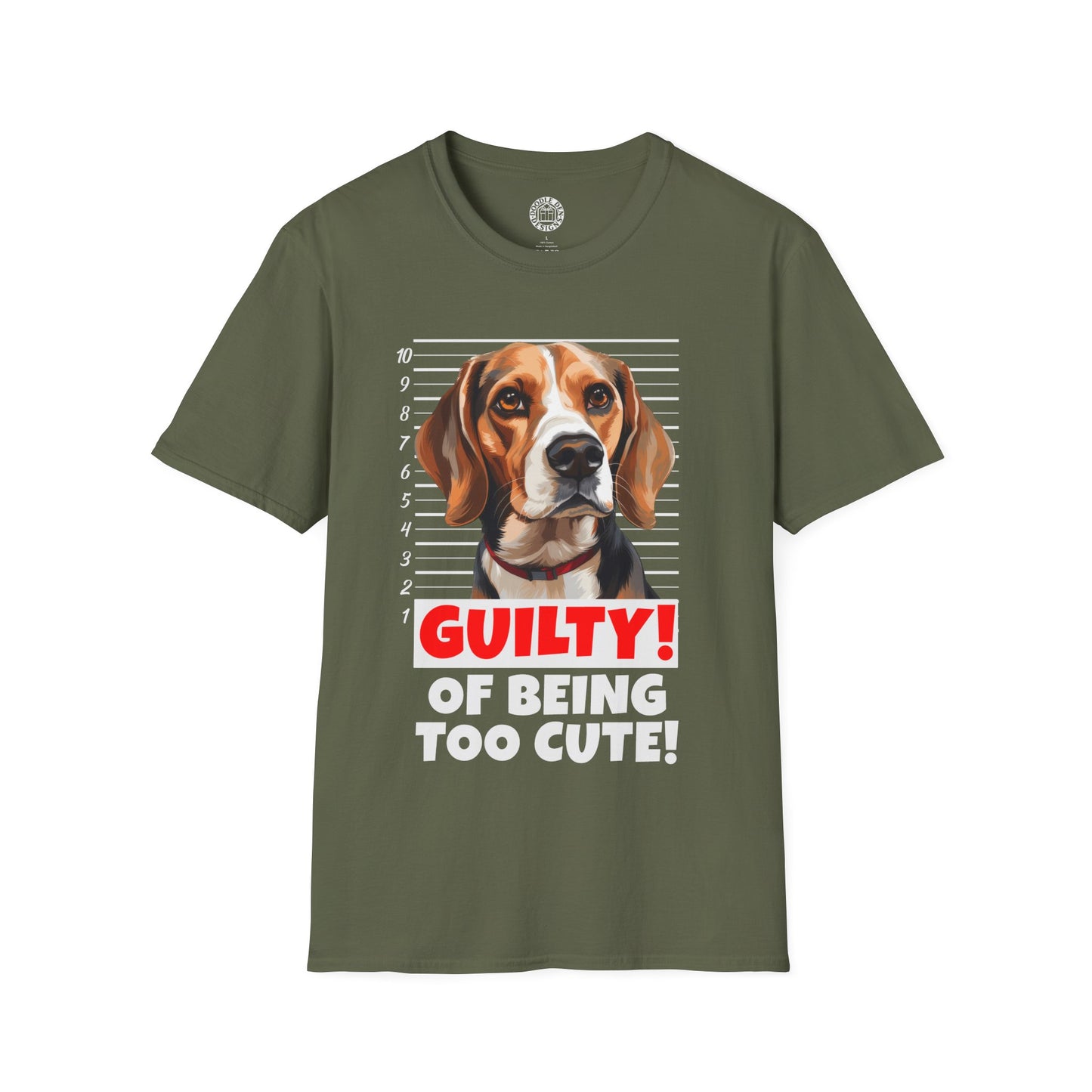 Green t-shirt with a beagle dog graphic and text 'Guilty of being too cute!' on a white background
