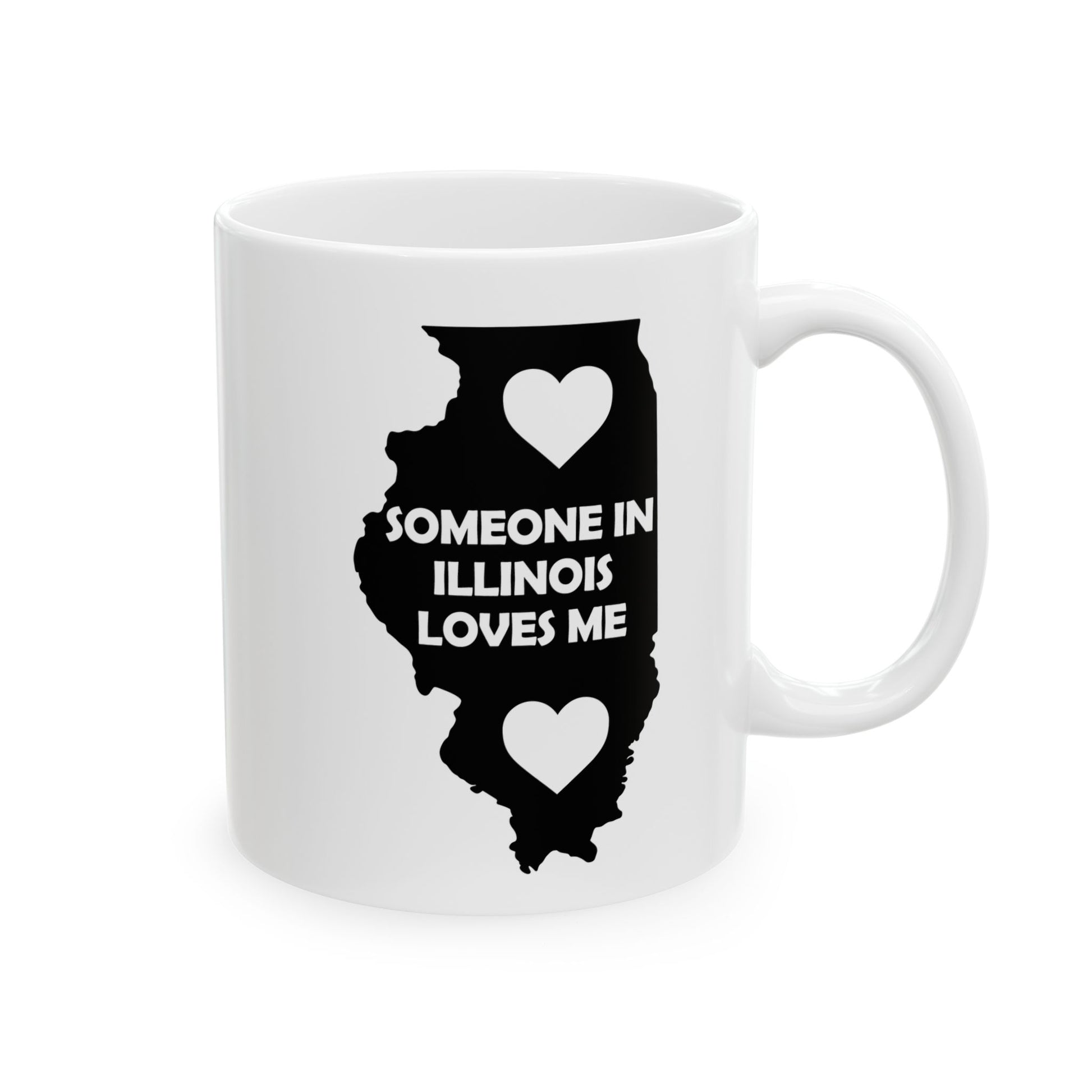 White mug with black outline of Illinois and text 'Someone in Illinois loves me' on a white background