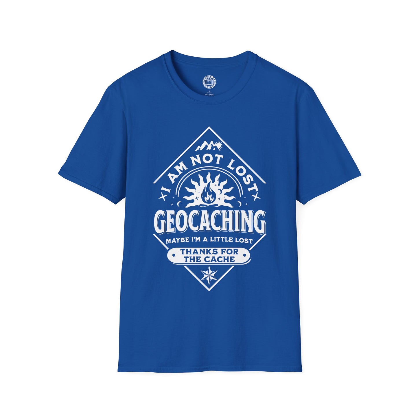 Blue t-shirt with white geocaching graphic and text on a white background
