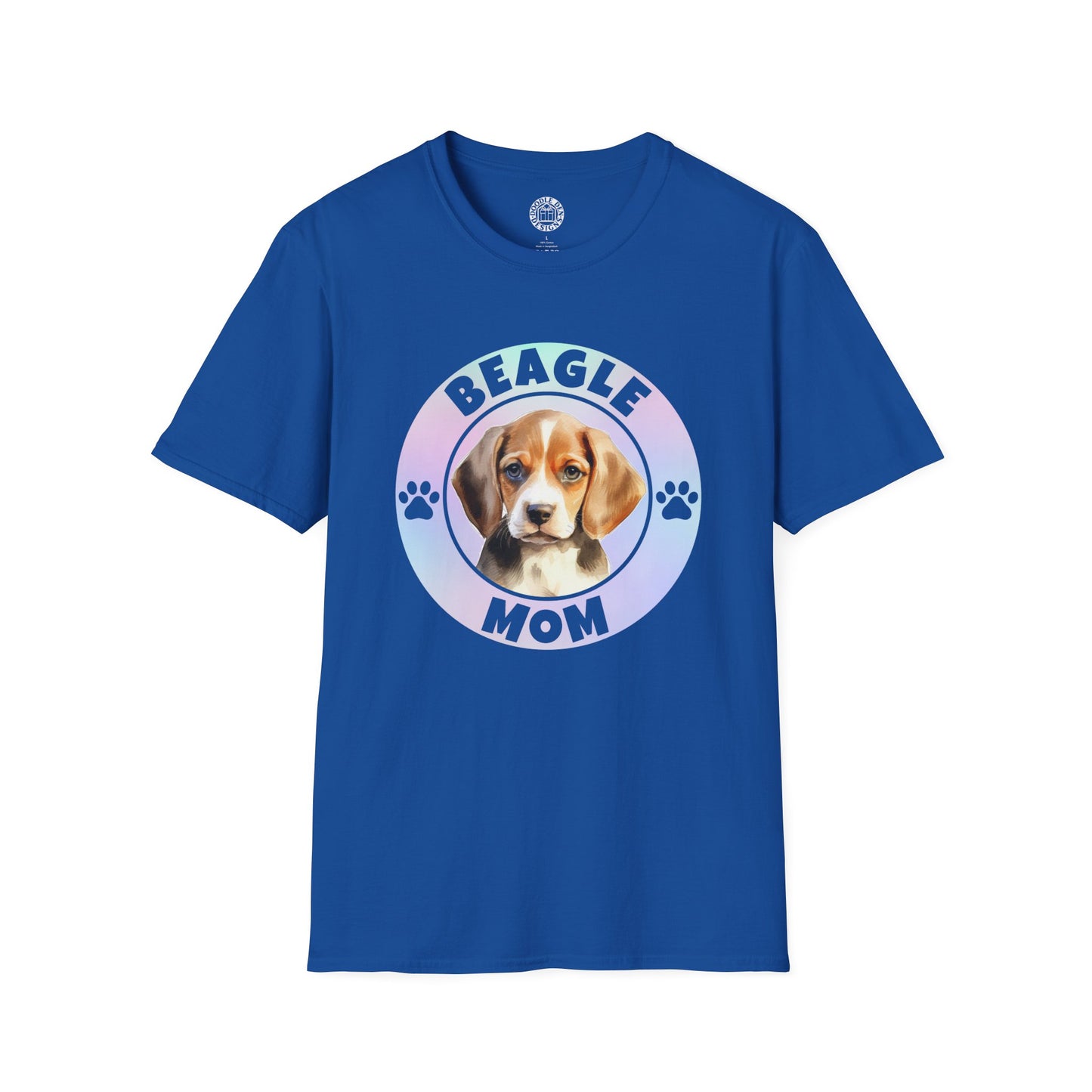 Blue t-shirt with a beagle graphic and 'Beagle Mom' text on a white background