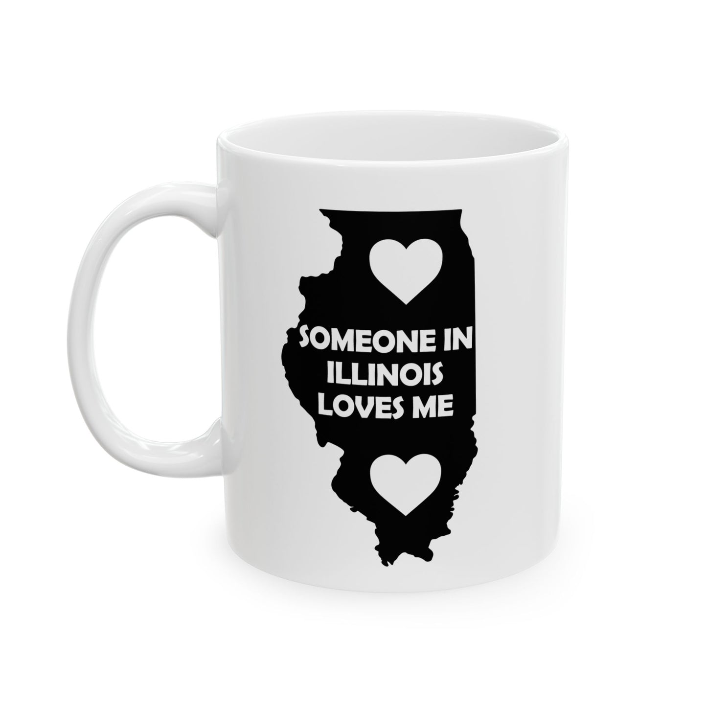 White mug with black Illinois map and text 'Someone in Illinois loves me' on a white background