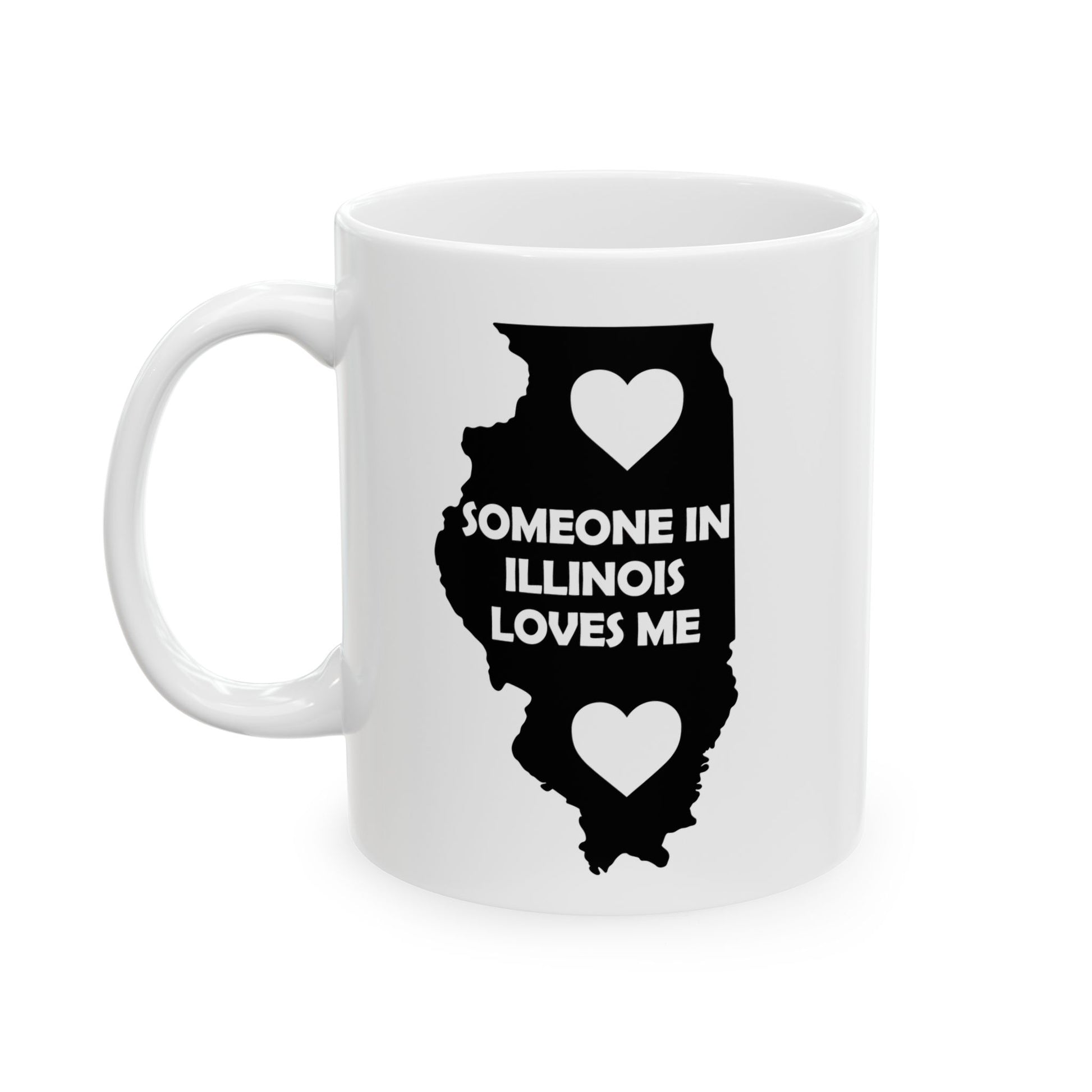 White mug with black Illinois map and text 'Someone in Illinois loves me' on a white background