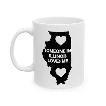 White mug with black Illinois map and text 'Someone in Illinois loves me' on a white background