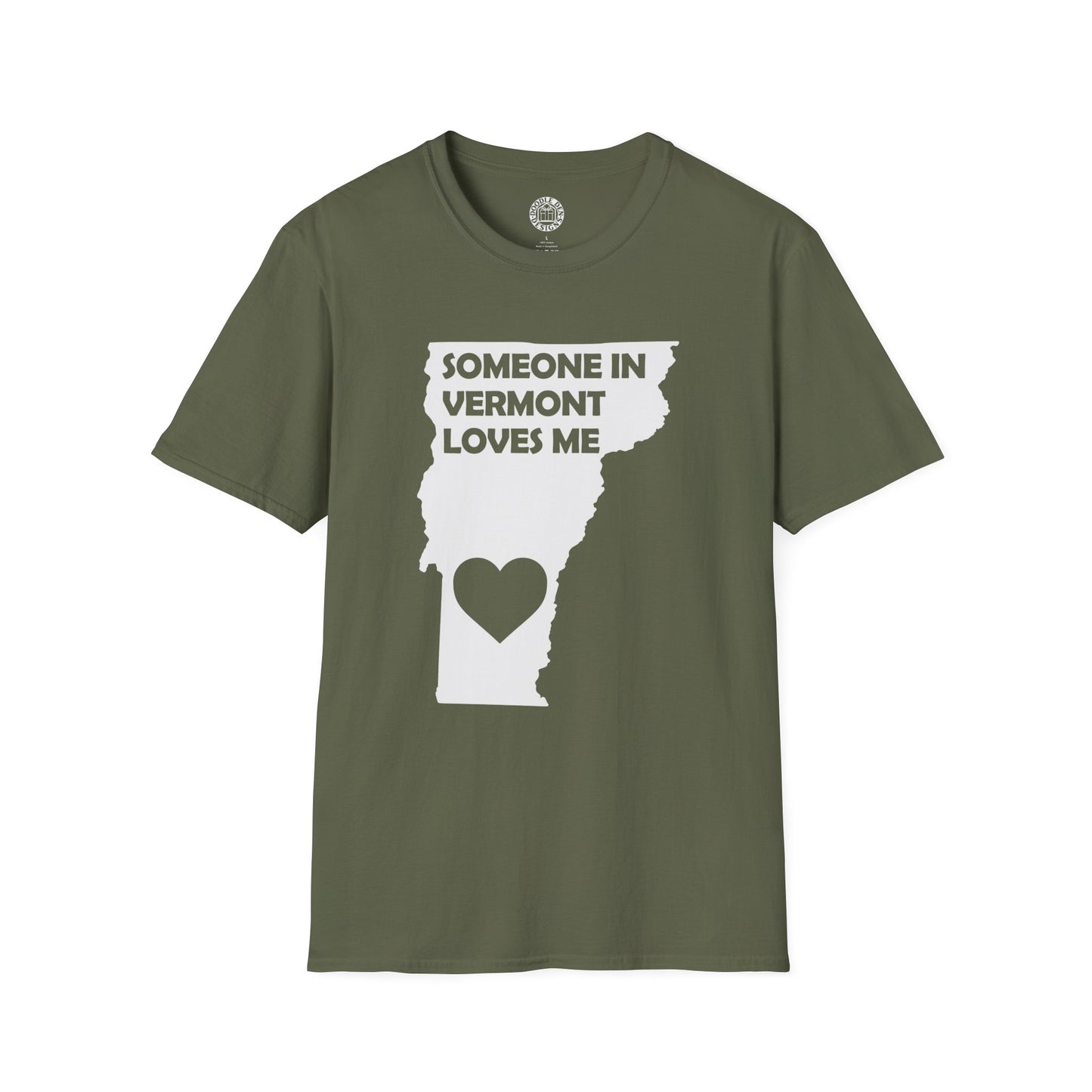 Green t-shirt with 'Someone in Vermont loves me' design on a white background